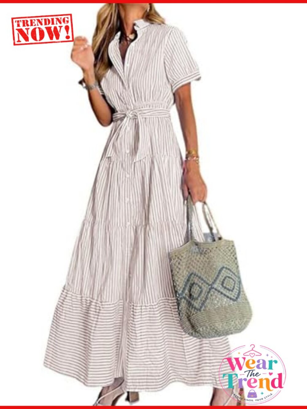 Casual Short Sleeve Button Down Tie Waist Ruffled Striped Maxi Shirt Dress